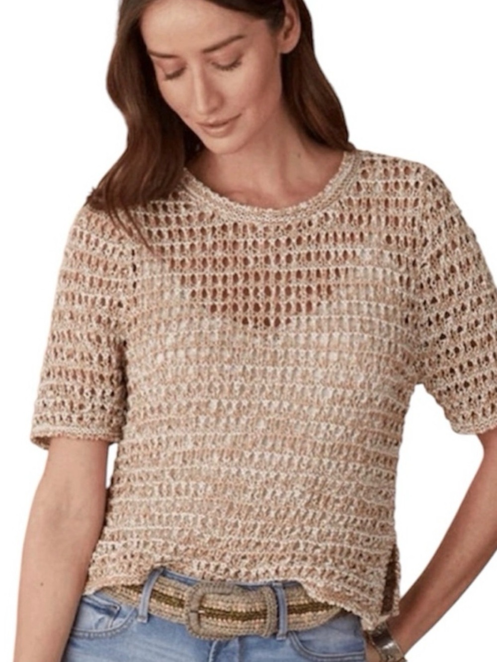 Sundance Quinilla Sweater MD Open Knit Short Sleeve Crochet Summer Beachy Boho